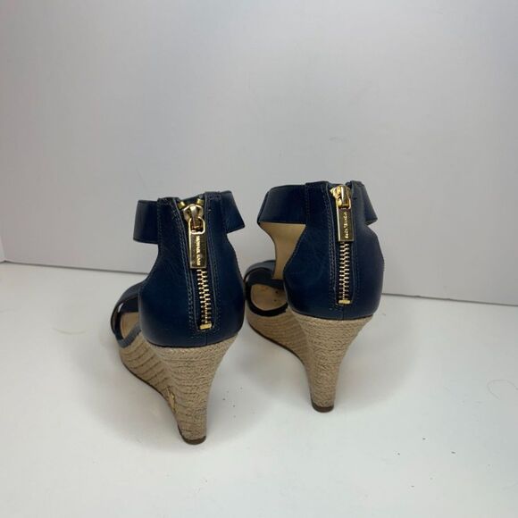 Michael Kors Navy Leather Stylish T Strap Open Toe Heeled Sandals Espadrilles - Picture 8 of 10